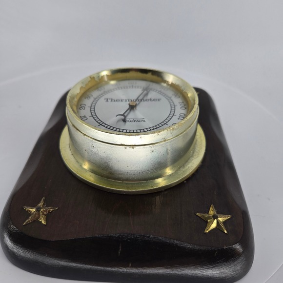 Vintage Verichron Wall Thermometer Wood Plaque Brass Stars Mod V12-4T USA Made - Picture 2 of 7
